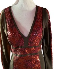 Guess Women Black Red Sequin Lace Long Sleeve V Neck Dress Size 10 NWT FLAWED