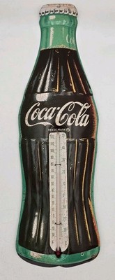 VTG Trademark Coca Cola Bottle Metal Flat Pressed Thermometer Hong Kong Made 17''
