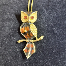 Vintage Gold Toned Owl on Branch Pendant Necklace w/ Brown Swirl Enamel Details