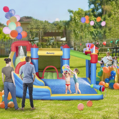 #ad 6 in 1 Inflatable Bounce House with Slide Climbing Wall Water Cannon and More $629.99