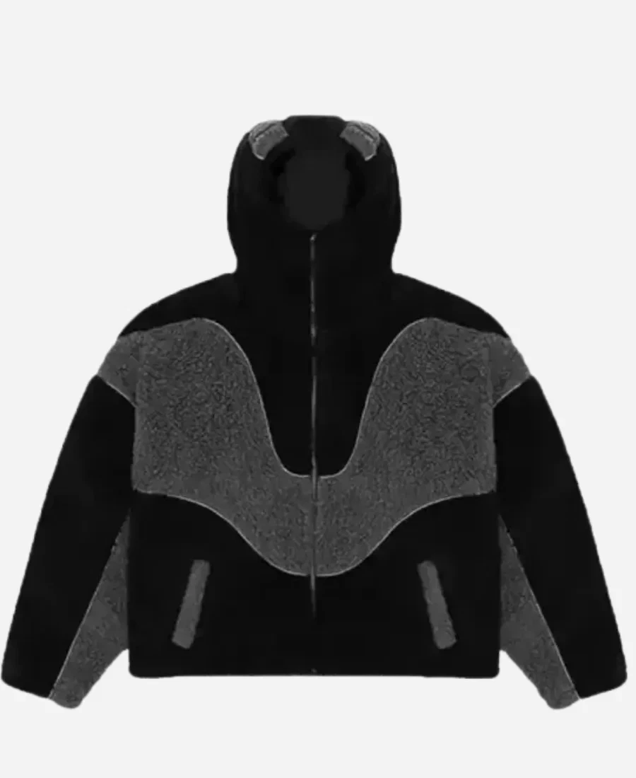 Trend Vision Black & Gray Shearling Fleece Zip-Up Biker Jacket Winter Outerwear