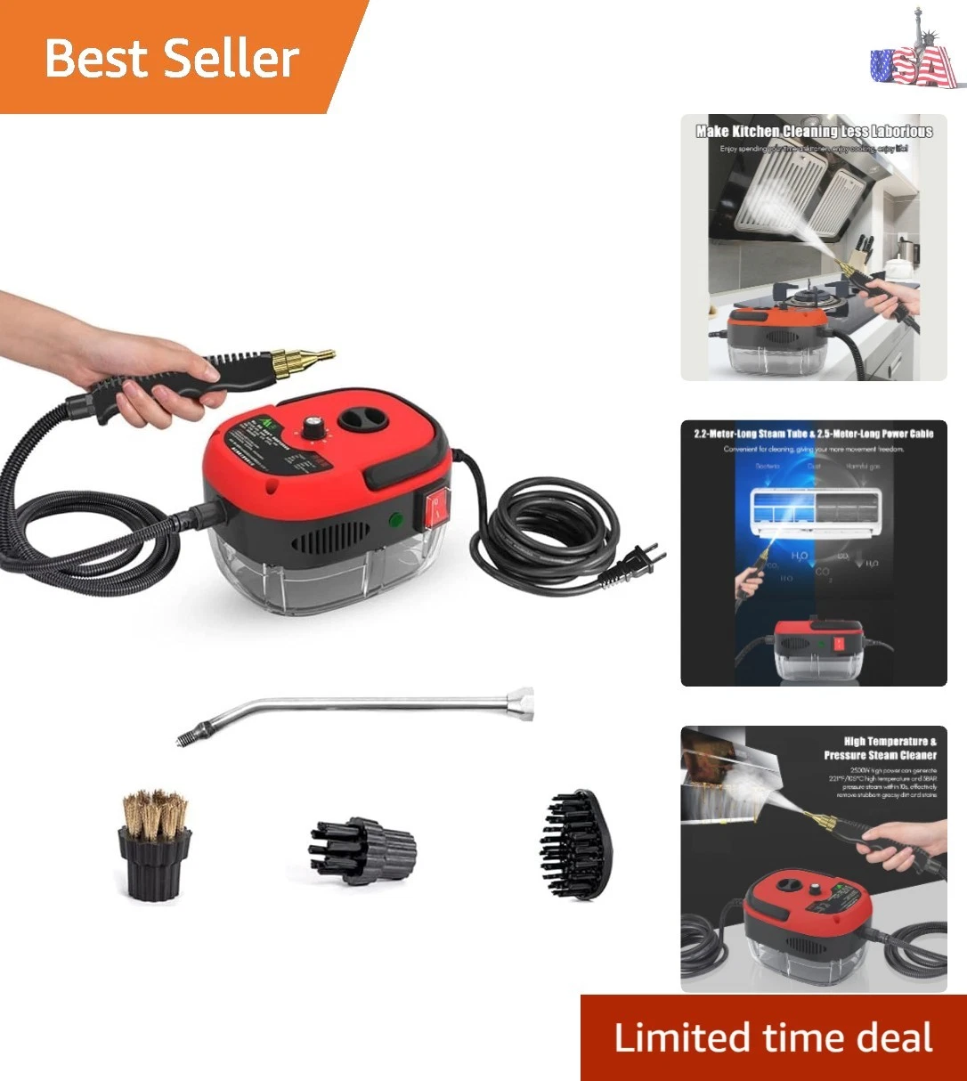 2500W Handheld Steam Cleaner High Temperature Pressurized Steam Cleaning Mach...