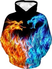 3D Fire Ice Dragon Hoodie Fantasy Elemental Pullover Sweatshirt Unisex