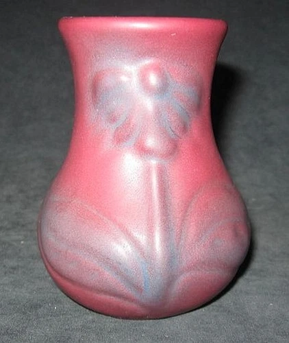 Van Briggle Small Bulbous Vase Mulberry and Blue Flower