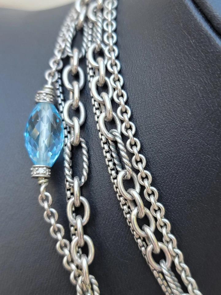 "Collar David Yurman 32"" Topacio Azul Diamante Cuadrifolio Esterlina 925" Foto 3 de 4