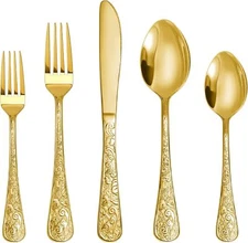 Vintage Carved Gold Stainless Steel 20 Pieces Flatware Set,Golden Silverware Set