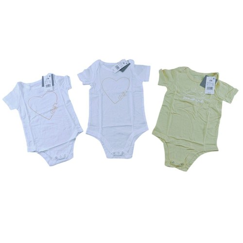 Cotton Baby Bodysuits w/ Heart Design White & Sage Green 6 to 24 M 3 Pack