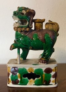 Chinese Kangxi 17th 18th c. Porcelain Foo Dog Joss Stick Incense Spinach Glaze