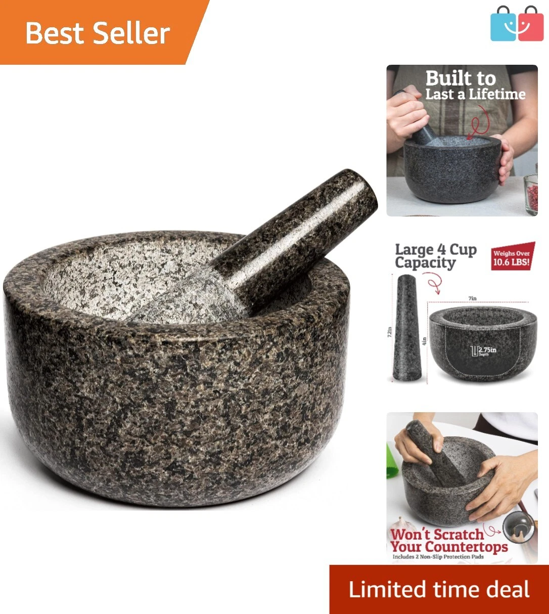Extra Large 4-Cup Granite Mortar & Pestle with Non-Slip Base and Garlic Peeler