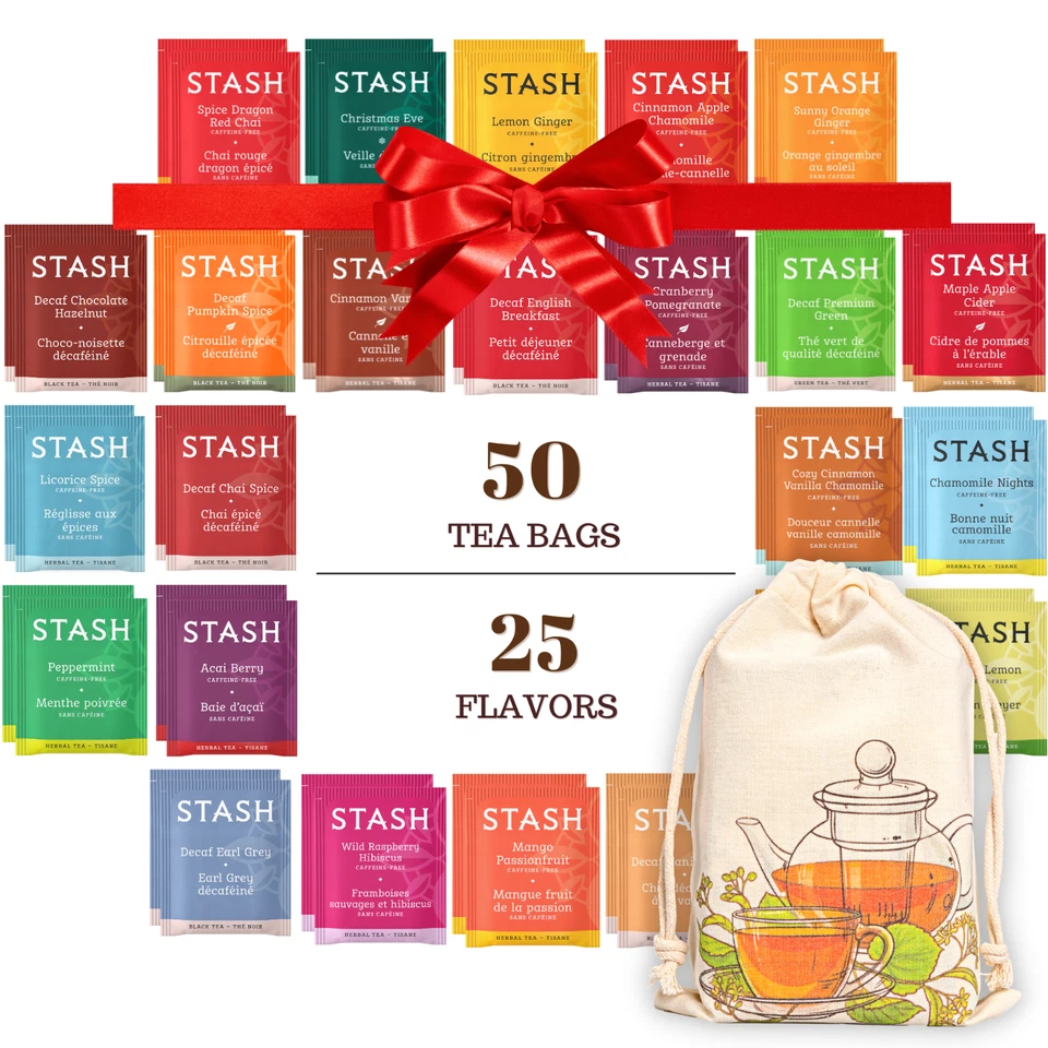 STASH TEA Stash Herbal & Decaf Tea Set 25 Flavors, 50 Tea Bags Sampler Caffeine Free Gift