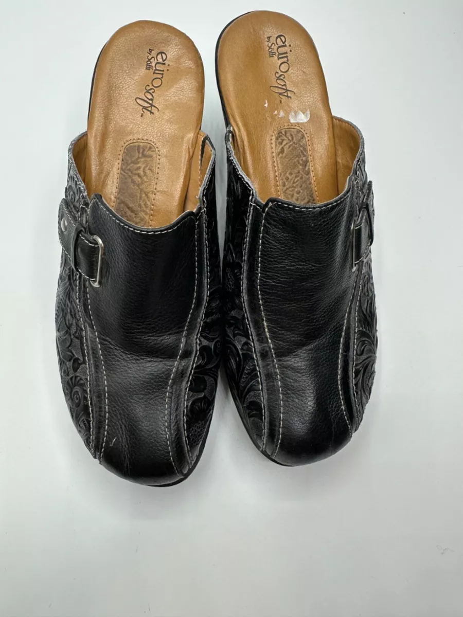 Eurosoft by Sofft Sacha Black Leather Mule Clogs Size 9 M Wedge