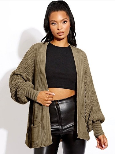 Womens Chunky Knitted Oversized Cardigan Ladies Balloon Sleeve Short Cardigans - Picture 6 of 10