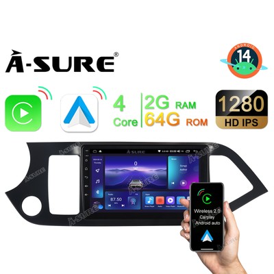 9  2+64GB Für KIA PICANTO TA 2011-2016 Android 14 Autoradio CarPlay GPS Navi DSP