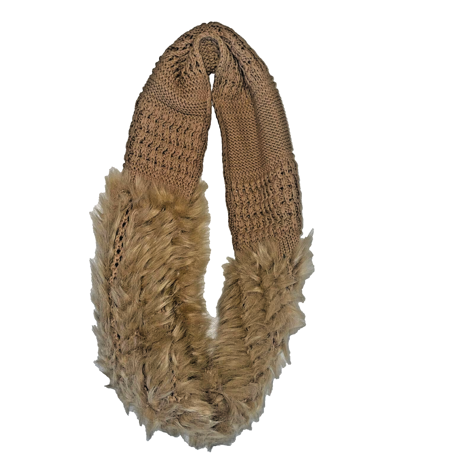 Women's Tan Knitted Fur Infinity Scarf - Cozy Winter Neck Warmer