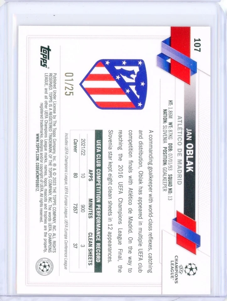 2022-23 Topps Club Competitions 1st Edition JAN OBLAK Atletico Orange 1/25 1/1 - Image 2 of 2