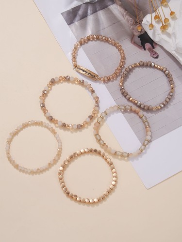 6pcs/set Champagne Gold-tone Beaded Bracelet Fashion Jewelry Accessories for - Picture 5 of 7