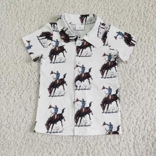 Western Baby Cowboys Toddler Summer Short Sleeve Button-Sown Shirt Top Tee - Picture 2 of 16