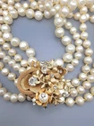 Miriam Haskell Unsigned 5 Strand Faux Pearl Golden floral, Rhinestones Necklace