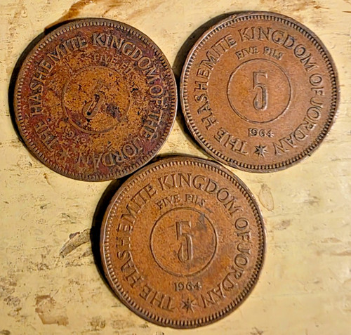 3 Coin Set - 1949, 1964 (2) - Jordan Bronze 5 Fils Coins