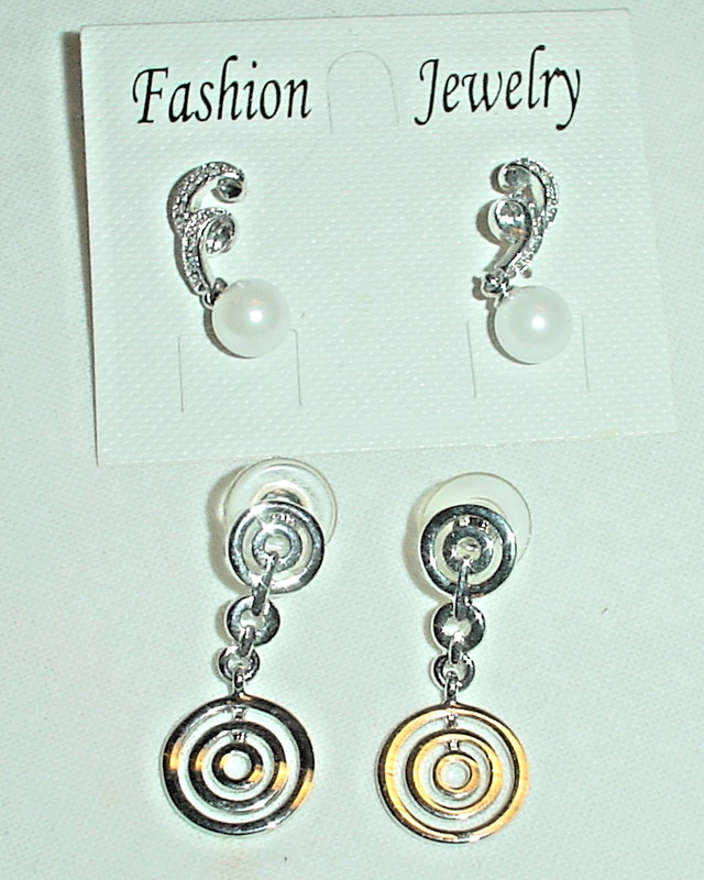 2 Pr. VINTAGE SILVER TONE DANGLE EARRINGS -ONE w FAUX PEARLS & CRYSTALS