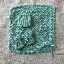Handmade Crochet Baby Blanket Set w/ Matching Hat Booties Blue Unisex
