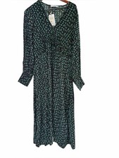 MNG Mango Black Green Floral Midi Dress Ruched Long Sleeve NWT XL