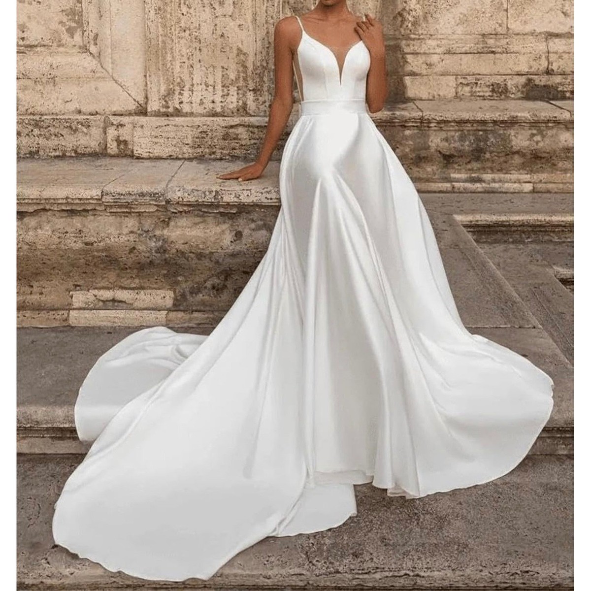 White Satin A-Line Wedding Dress Plunging V-Neck Lace Up Back Bridal Gown |  eBay