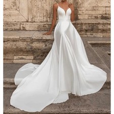 White Satin A-Line Wedding Dress Plunging V-Neck Lace Up Back Bridal Gown