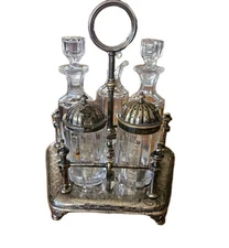 VTG Cut Glass Cruet Set 5 Victorian Condiment Bottles w/Lids Silver Plate 1800's