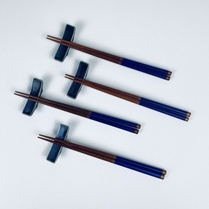 Set of 4 Blue Ceramic Chopstick Rests with Reusable Wood Chopsticks
