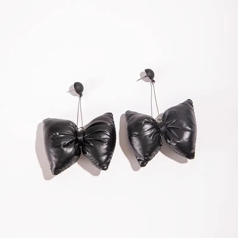 Earrings Black Solid Oversized Drop Bow Faux Leat… - image 3