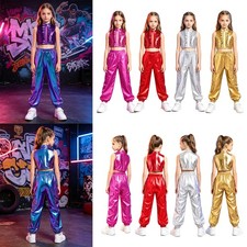 Kids Girls Dancewear Patchwork Sets Metallic Outfit Back Invisible Zipper Jazz