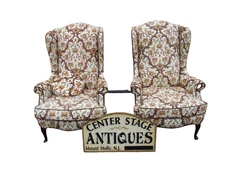 64184   Pair HICKORY  Furniture Crewel Embroidered Queen Anne Wing Chair s