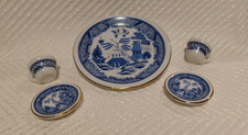 Vintage Miniature porcelain Blue willow tea set w/gold trim- 5 Piece