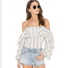 Misa Los Angeles Off The Shoulder Ruffle Flora Top in Grey Stripe Size XS