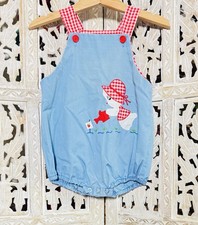 Vintage Baby Blue Red Gingham Gardening Appliqu  Bubble Romper Sunsuit