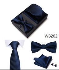 Men Bow Tie,necktie,Hanky,Cufflinks Set Wedding Groom Party Satin with Gift Box
