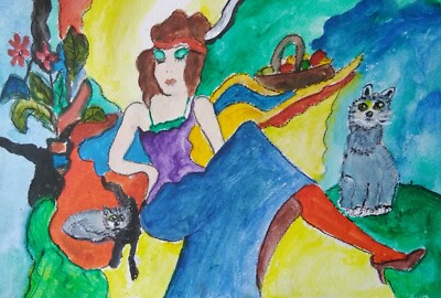 SCHÖNE FRAU MIT ZWEI VERRÜCKTEN KATZEN