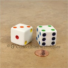 NEW 2 Jumbo 25mm White w/ Multi-Color Pips Dice Pair RPG Board Game 1 inch D6