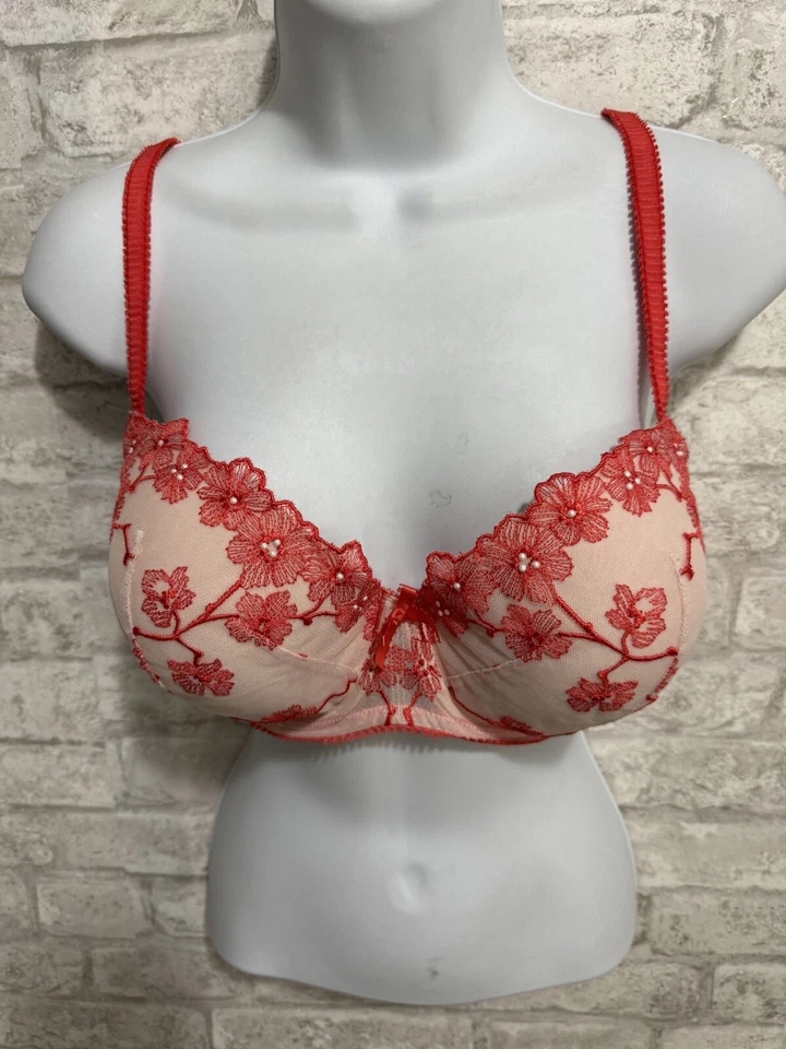 Sujetador Victoria’s Secret Dream Angels Forrado Demi Talla 36DD Floral Rojo Encaje Perlas Foto 2 de 4
