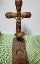 HOLY WATER FONT WOOD METAL CARVED VINTAGE RELIGIOUS CRUCIFIX 