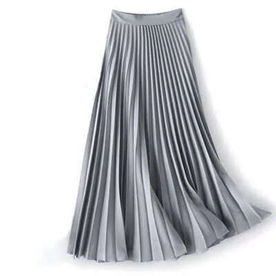 Glänzend Satin Faltenrock Solid Elastisch Hohe Taille Halb Kleid Büro Freizeit - Bild 1 von 4
