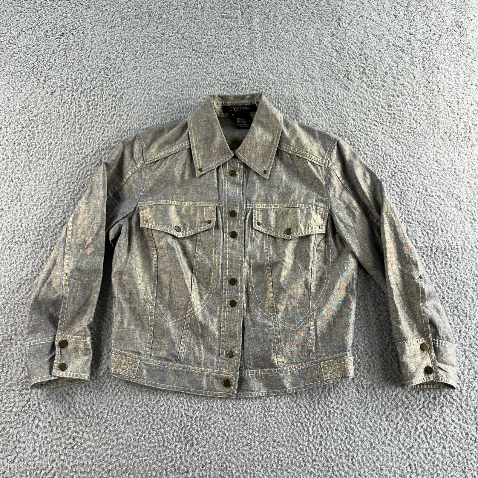 NEW Etcetera Jacket Womens 2 Brown Bomber Linen Blend Metallic Preppy Bronze Y2K