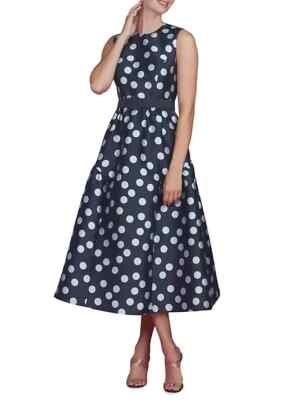 Kay Unger Deep Navy Blue Bell Tinslee Polka Dot Fit & Flare Midi 0 *Less Belt*