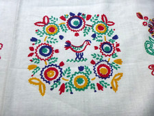 Vtg Heavy Linen Tablecloth Bright Colorful Birds Flowers Daisies 52.5" x 57"