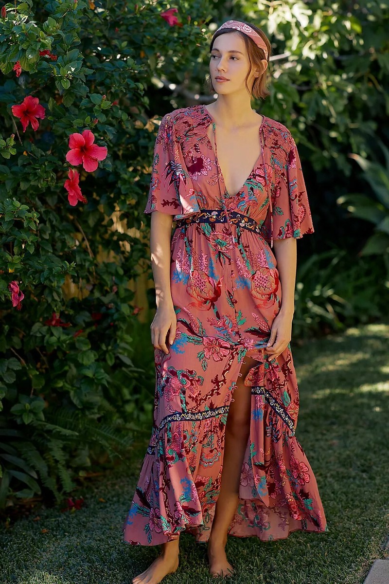 anthropologie red and pink dress Anthropologie Ruffled Embroidered Maxi Dress sz S