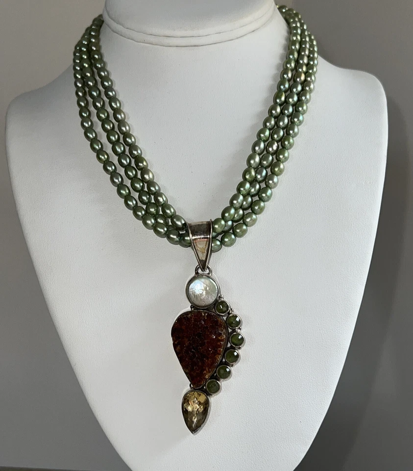 Collar colgante de peridoto y citrino de plata de ley 925 con cuentas de perlas múltiples hilos