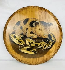 Vintage 1983 Barrel Art 21” Wood Hanging Plaque Pig w/ Corn Farmhouse Signed
