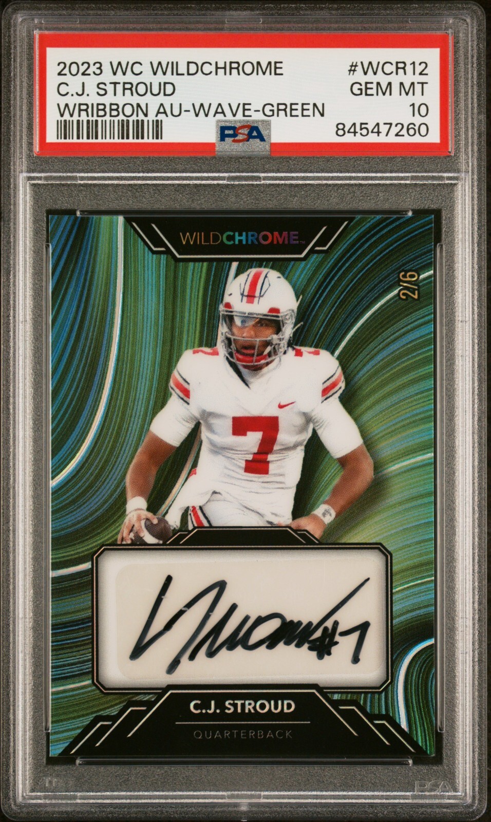 CJ Stroud Wild Card Wildchrome Draft Wildribbon Autographs #WCR12 Wave Holographic-Green