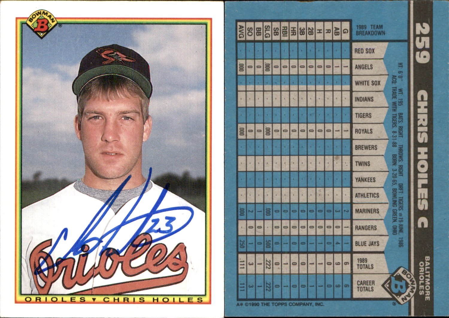 Chris Hoiles Signed 1990 Bowman #259 Card Baltimore Orioles Auto AU